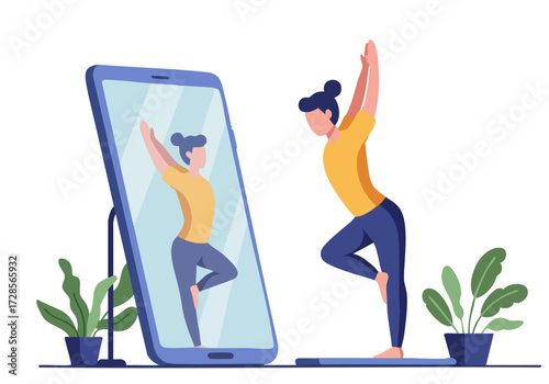 A woman practices yoga in front of a smartphone displaying her pose.  A vibrant, energetic illustration evokes wellness and digital connection. Modern, flat design.
