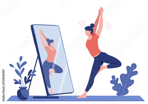 A woman practices yoga, reflected in a mirror, embodying self-care and wellness. Clean, modern illustration with soft colors and a calming atmosphere. Ideal for health and fitness concepts.