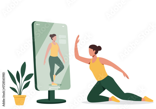 A woman practices yoga via smartphone, mirroring her pose. A plant and phone create a modern, wellness scene. Clean, bright, and inviting.