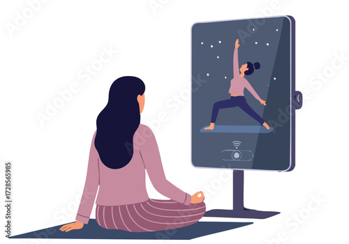 A woman practices yoga via video call at night. A serene scene of digital wellness and mindful movement. Soft lighting and a calming atmosphere.