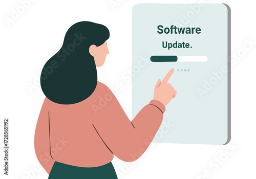 A woman updates software on a tablet, engaging with a progress bar. Modern, clean design with a focus on technology and user experience. Professional, digital, and approachable.
