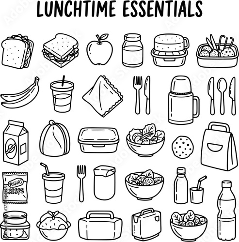 Lunchtime Essentials Doodle Icon Set. A collection of black and white line art illustrations of packed lunch food, drinks, and containers.