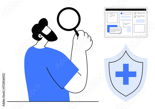Man holding magnifying glass, digital screen with analytics layout, and medical shield with cross. Ideal for data analysis, healthcare, protection, research, online platforms, technology and safety