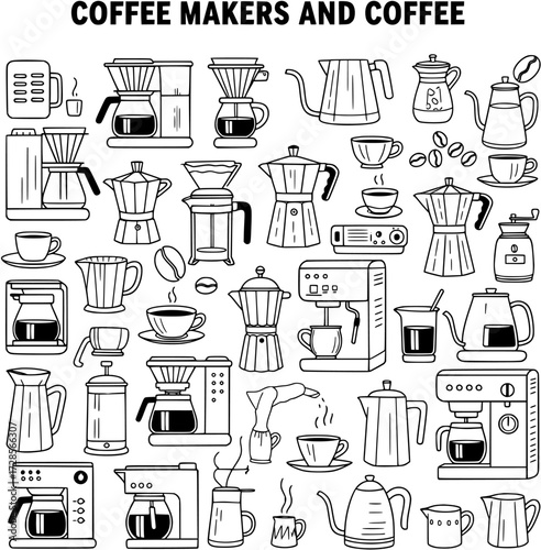 Coffee Makers  Coffee Elements Line Art Collection. Hand-Drawn Doodle Icons of Brewing Machines, Pots, Beans, Cups  Accessories.