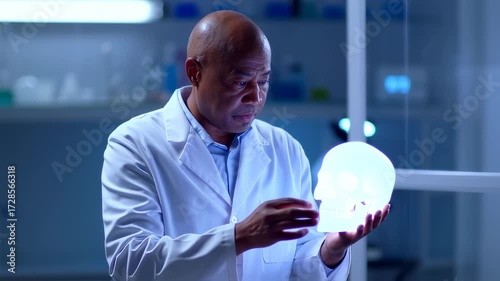 Scientist Examining Glowing Object in Lab for Research and Innovation.