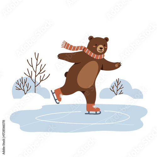 Cheerful bear gracefully ice skates on a frozen pond, leaving a clear trail surrounded by gentle snowdrifts and bare winter bushes, vibrant 2D flat vector illustration.