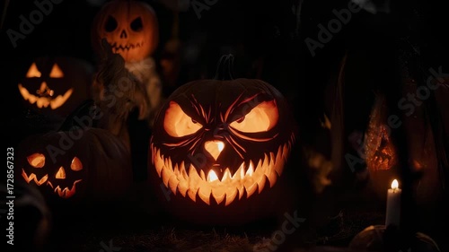 Terrifying Carved Pumpkin Faces Glowing on a Dark Night.