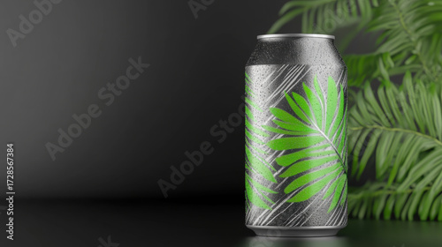 Wallpaper Mural Tropical leaf pattern soda can mockup with editable label, condensation droplets, metallic surface, and green foliage background, modern and refreshing design Torontodigital.ca