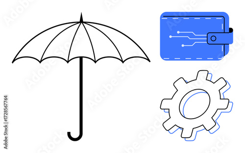 Umbrella symbolizes protection, wallet represents financial management, and gear conveys innovation. Ideal for insurance, technology, money saving, security, process optimization, business