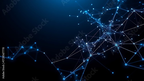 Abstract network of connected nodes and flowing lines in blue and silver on a dark background.