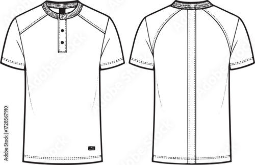 Black and white flat sketch of men's short sleeve henley shirt front and back t-shirt clothing