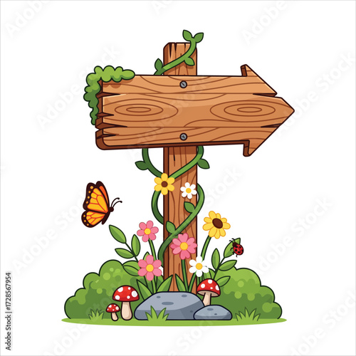 Charming wooden signpost with arrow pointing right, inviting viewers to a magical garden scene filled with flowers and a butterfly