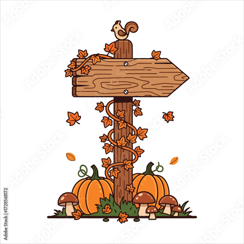 Autumn signpost with pumpkins, leaves, and a charming bird, perfect for fall festivals, announcements, and seasonal promotions