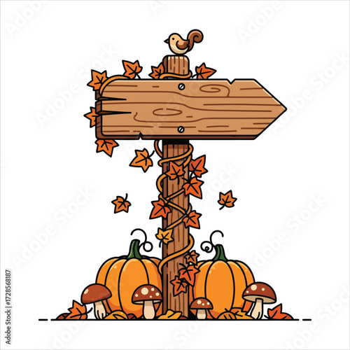 Charming autumn signpost with pumpkins and bird, perfect for fall festivals, seasonal promotions, and harvest celebrations