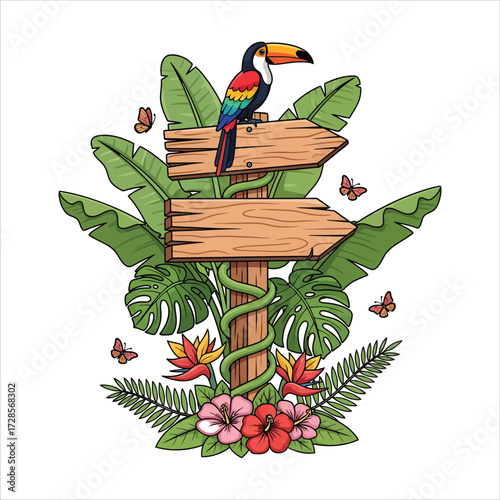 Vibrant toucan perched on wooden signpost with lush tropical flowers, leaves, and butterflies, perfect for travel or exotic themes