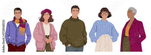 Set of diverse faceless portraits in autumn clothes. Men, women in coats, sweaters,  knitted wear. Flat vector half-body illustrations in trendy fall color palette, isolated on transparent background