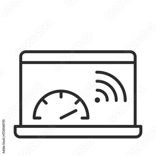Speed test line icon on laptop with wifi signal for internet performance clip art.