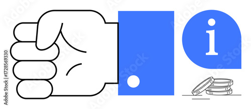 Hand in fist gesture next to coins and information icon, representing decision, financial support. Ideal for concepts thumbs up leadership, guidance, finance, authority, investment, decision-making
