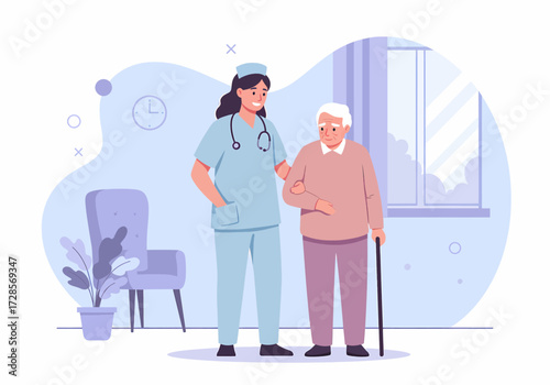 Compassionate caregiver provides assistance and health support to an elderly man, symbolizing dedicated senior care and nursing in a retirement home setting with modern flat design