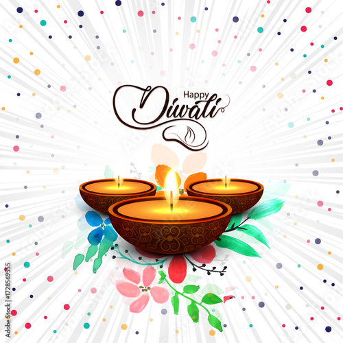 Happy Diwali Decorative Diyas With Firelight, Floral Elements, And Colorful Sparkles