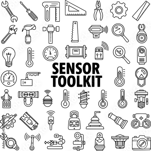 Sensor Toolkit and Measurement Devices Line Art Icons Set. Collection of Outline Industrial Tools, Gauges, Thermometers, and Electronic Components on White Background.