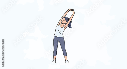 Young athletic woman stretching her arms and body in a side bend pose, fitness illustration