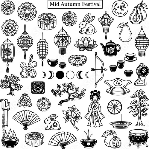 Mid-Autumn Festival Traditional Line Art Elements Collection: Mooncakes, Lanterns, Rabbit, Tea, and Cultural Icons