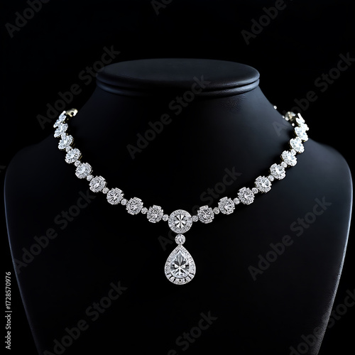 Brilliant Diamond Tennis Necklace with Large Solitaire Center Stone on Black Velvet Jewelry Bust