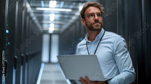 Confident IT Specialist Monitoring Servers Inside High-Tech Data Center