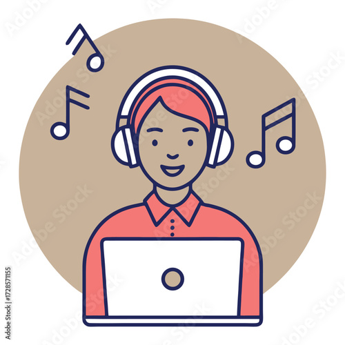 Person with headphones and laptop icon representing music production and audio engineering creative studio 