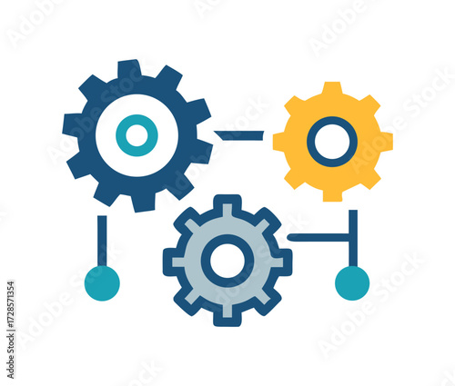 Interlocking blue yellow and gray engineering cogs working together in mechanical system motion concept abstract technology