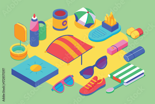 Vibrant isometric illustration of beach vacation essentials including a striped umbrella sunglasses sunscreen beach ball flip flops and a towel on a sandy surface with a green background