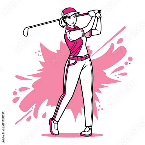 Dynamic illustration of a female golfer in mid swing with a pink splash background capturing the energy and focus of the sport