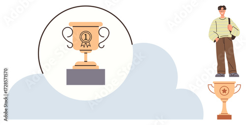 Trophy with number one emblem and confident person standing nearby, representing success, achievement, competition, goal-setting, aspiration, personal growth, and motivation, presented in a simple