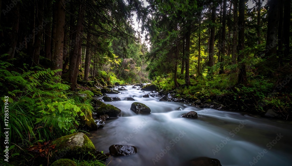Obraz premium Forest stream flowing through trees (1)