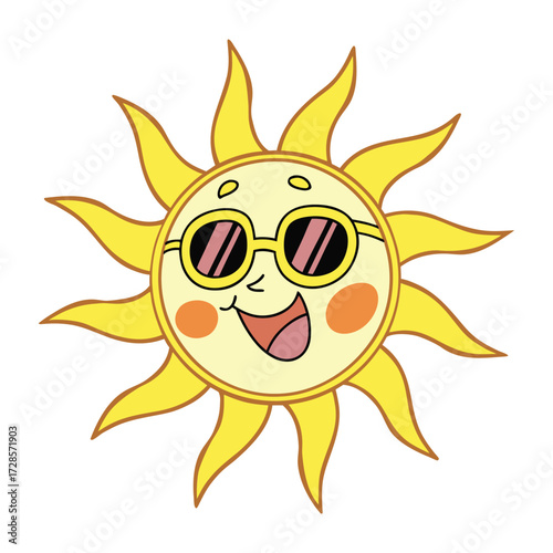 A cheerful cartoon sun wearing sunglasses with a happy face and rosy cheeks radiating warmth and joy on a white background