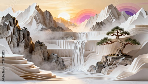 Serene Mountain Oasis: A surreal, artistic depiction of a mountain landscape. Featuring waterfalls, steps, and a vibrant rainbow in the sky. A scene that sparks the imagination.