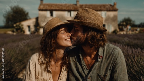 Romantic Couple Kissing in Lavender Field by Rustic Countryside Home