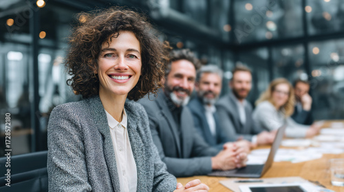 Confident Businesswoman Leading Corporate Team in Modern Office Meeting