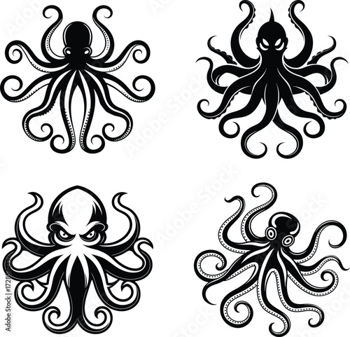 Four distinct black ink illustrations of stylized octopuses with swirling tentacles and menacing eyes on a white background