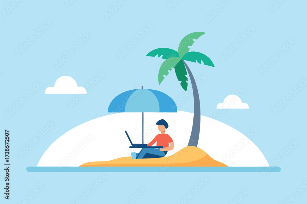 Obraz premium A person working on a laptop under a blue umbrella on a tropical island with a palm tree and clouds in a bright blue sky