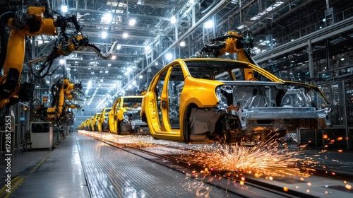 Automated Car Manufacturing Process in Modern Electric Vehicle Factory Line