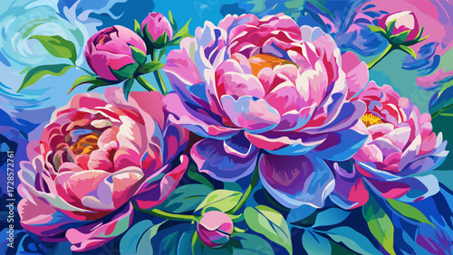 This abstract impressionist painting highlights vibrant pink peonies softly layered over a textured blue background, merging artistic texture, color contrasts, and expressive strokes to create 