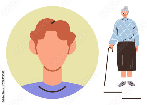 A young man s faceless portrait appears beside an elderly woman standing with a walking cane. Ideal for aging, diversity, care, family dynamics, connection, intergenerational themes, simple flat