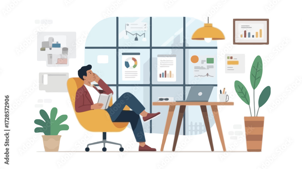 Fototapeta premium Man relaxing in a modern office chair at a desk with a laptop and plants working from home or in a creative workspace