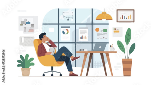 Man relaxing in a modern office chair at a desk with a laptop and plants working from home or in a creative workspace