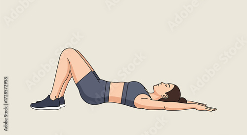 Woman in supine position, bent knees, arms overhead, illustrating a pose for core activation, flexibility, and wellness