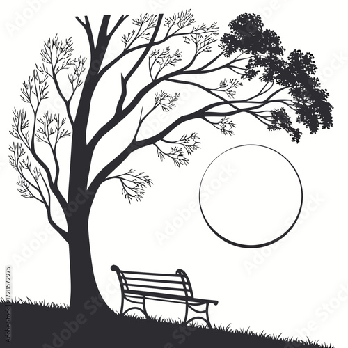Minimilist illustration of a park bench under a tree with a full moon in a black and white drawing style scene vector