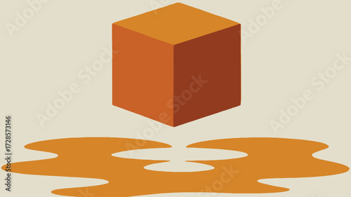 Abstract geometric orange cube suspended above a melting puddle of orange liquid on a light beige background