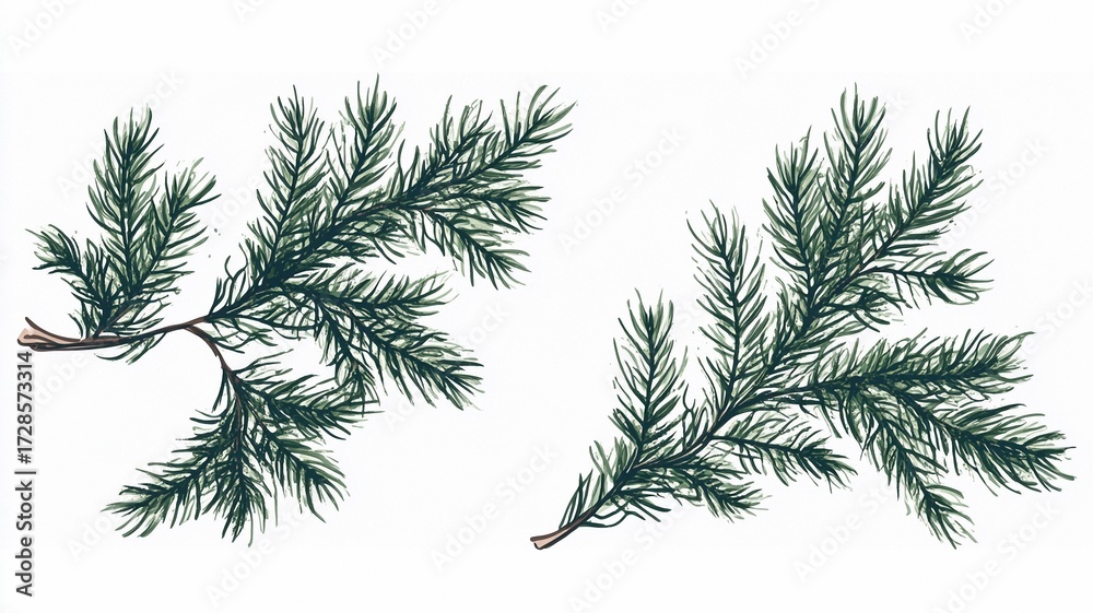 Obraz premium Hand Drawn Pine Branch Illustration, Green Needle Leaf Plant Element for Christmas Decoration, Holiday Card, Winter Design, Nature Background, Illustration Material